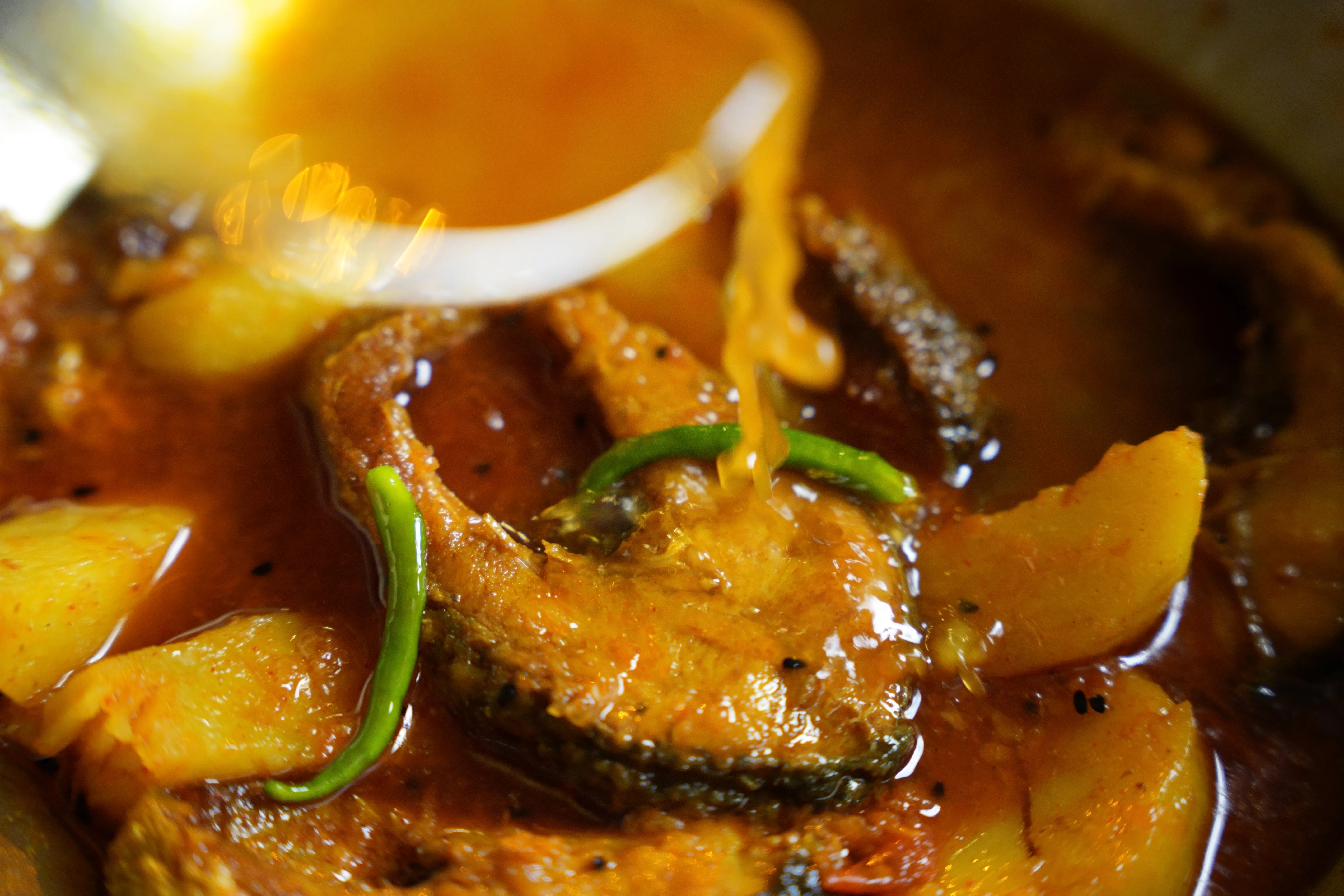 Bengali rui fish curry with potatoes in a light golden broth.
