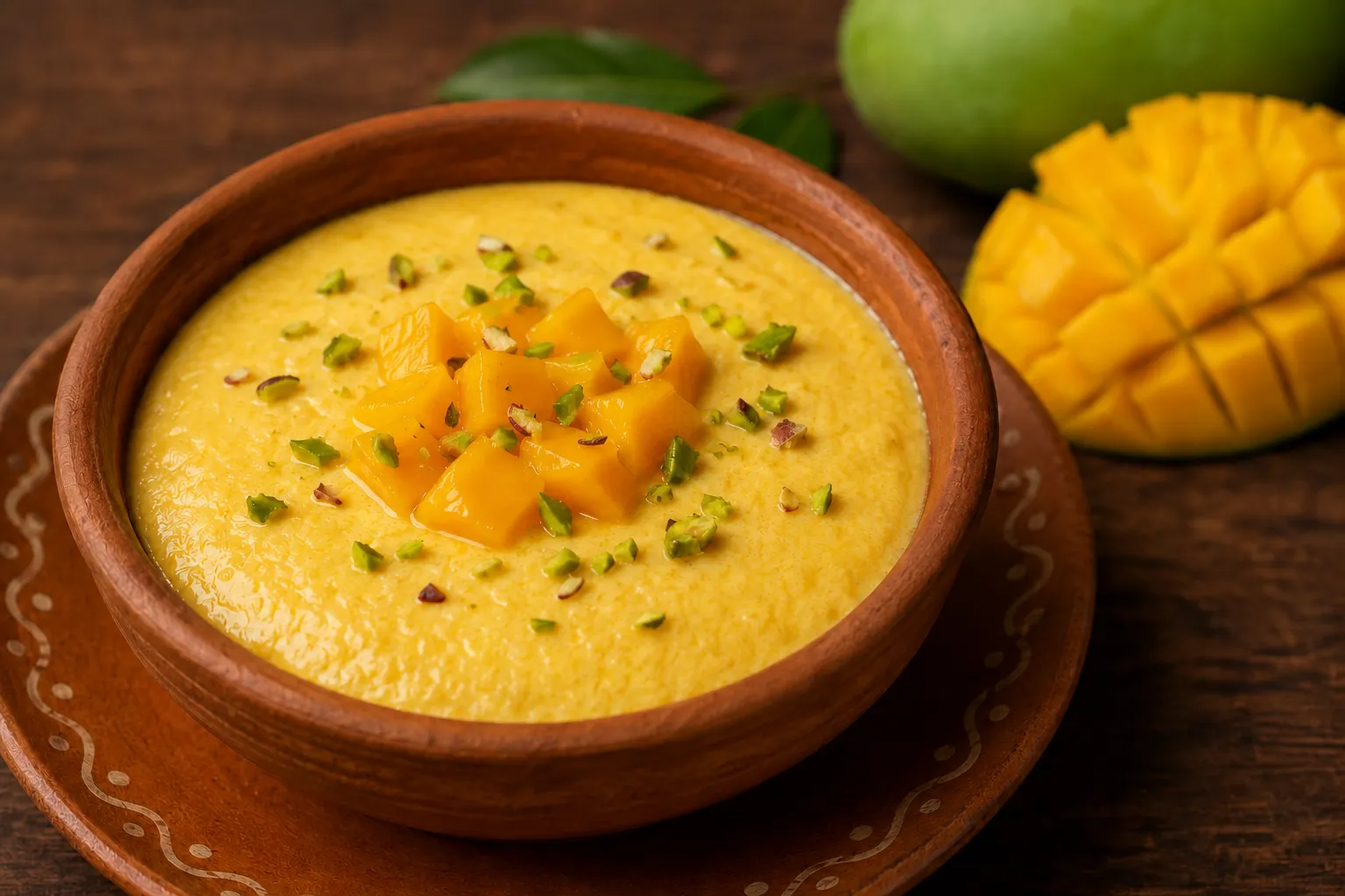 Mango bhapa doi in a terracotta bowl topped with mango pieces and pistachios.